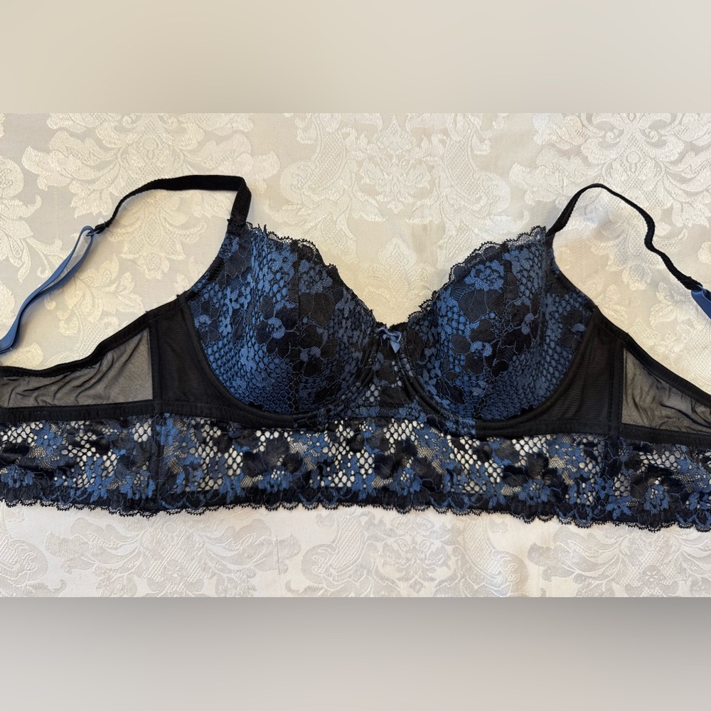 Adore Me Pacchi‎ Contour Demi Bra Size 36C Blue Black Longline Bow Lace Sexy